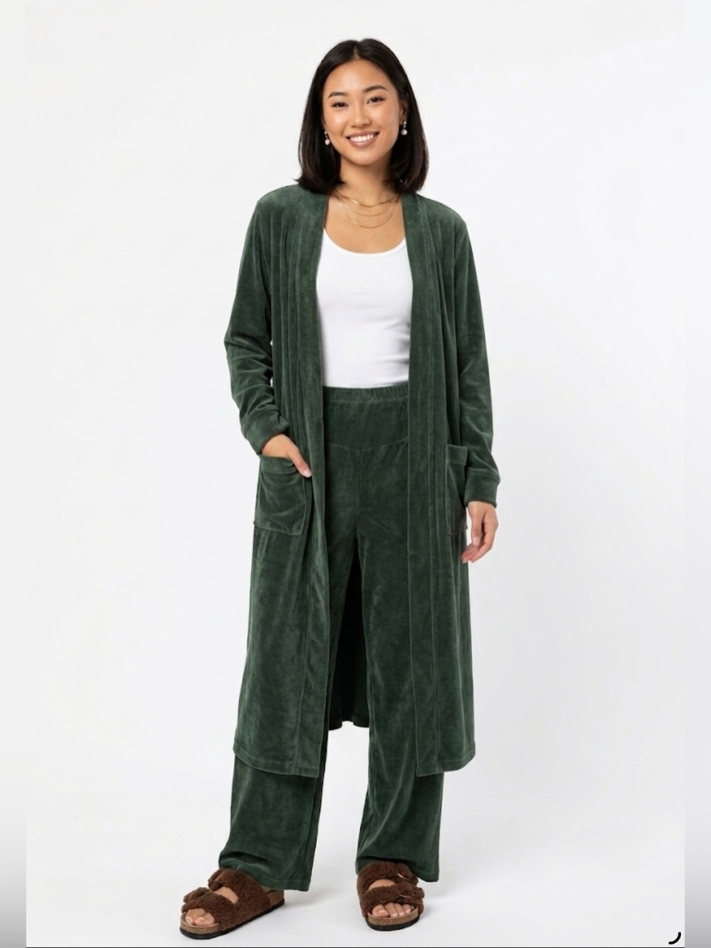 Sofia Intimates Sofia Vergara Corduroy Fleece Robe Wide Leg Pants Lounge Set M